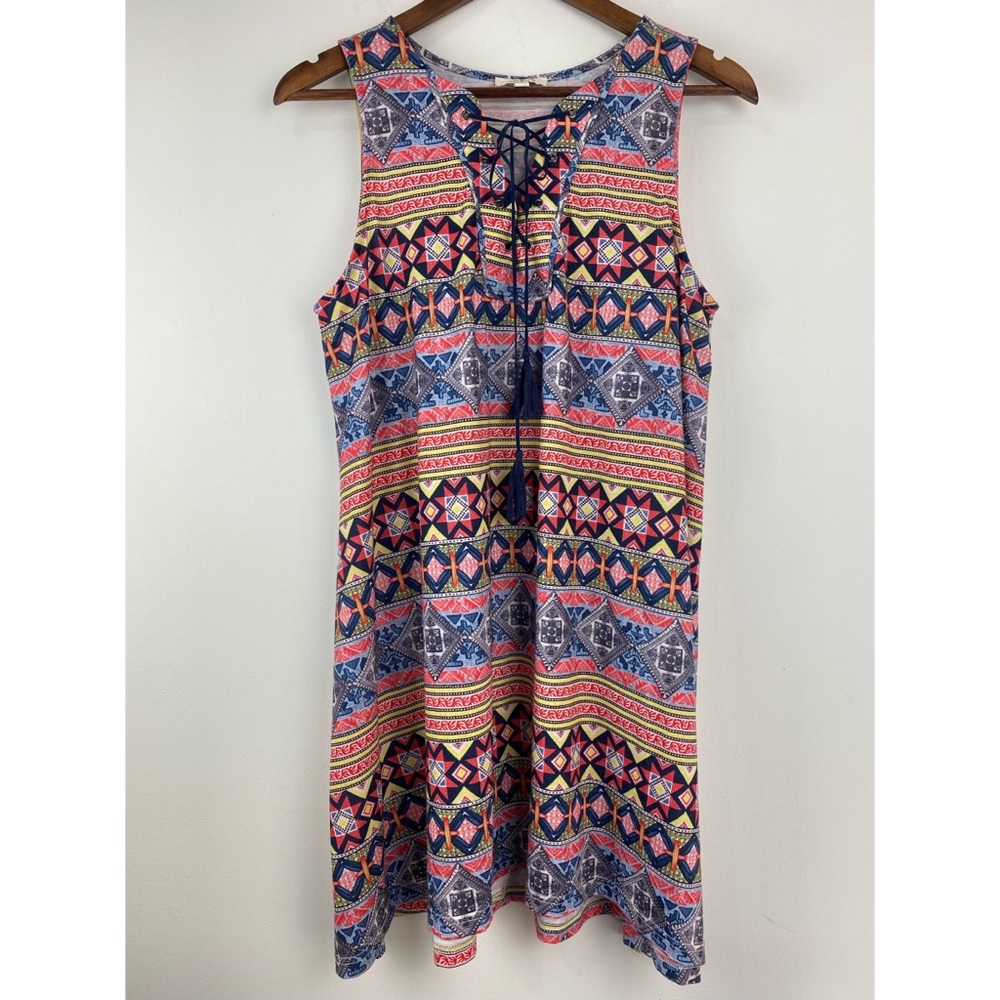 Umgee size Small Women’s Multicolor Geometric Lace Up Front Sleeveless Dress